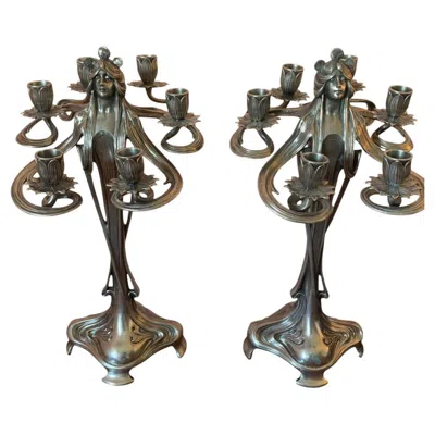 Pre-owned Achille Gamba Pair Of Silvered Pewter Candlesticks, Art Nouveau -
