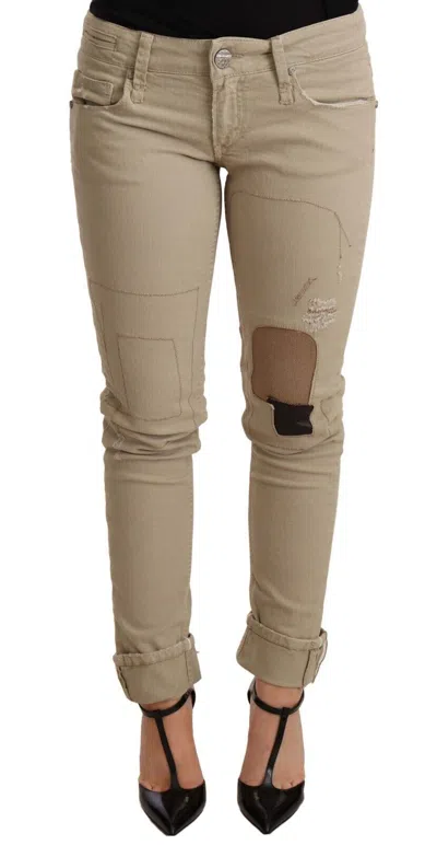 Acht Beige Denim Cotton Bottom Slim Fit Folded Women's Pant In Sand