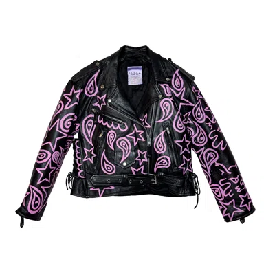 Acid Cat Women's Black / Pink Paisley Dream Cropped Moto Black Leather Jacket In Multi
