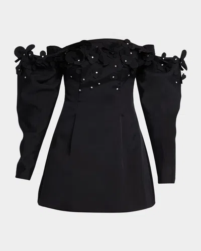 Acler Bunowen 3d-floral Off-the-shoulder Cotton-blend Mini Dress In Black
