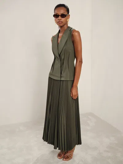 Acler Dark Olive Green Waistcoat Bodice Pleated Dress