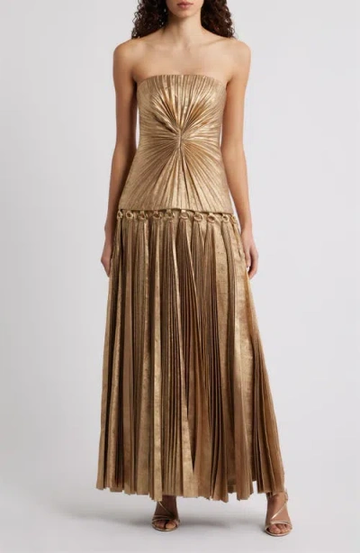Acler Fintry Pleated Strapless Maxi Dress In Gold