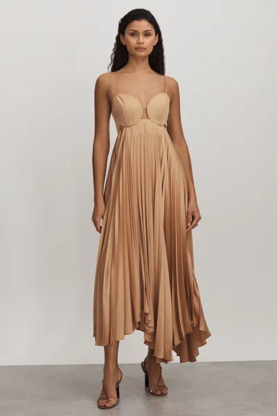 Acler Pleated Asymmetric Midi Dress In Gold