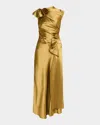 Acler Ramshaw Metallic Pleated Satin Gown In Golden Moss