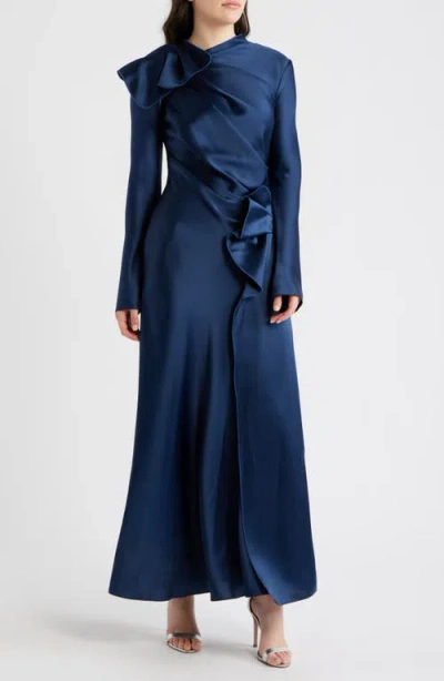 Acler Ramwark Long Sleeve Satin Gown In Blue