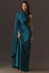Acler Ropley Asymmetric Cape-sleeve Satin Maxi Dress In Blue