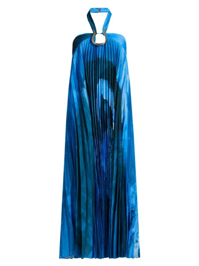 Acler Women's Askham Embellished Pleated Printed Maxi Dress In Blue