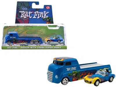 Acme Shelby Cobra Super Snake Blue Metallic With Flames And Custom "rat Fink" Hauler Blue Metallic With F