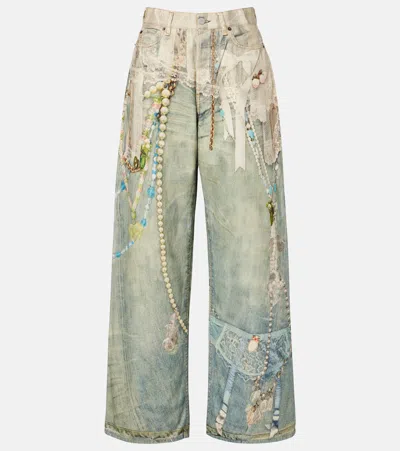Acne Studios 1981 Printed Mid-rise Wide-leg Jeans In Green