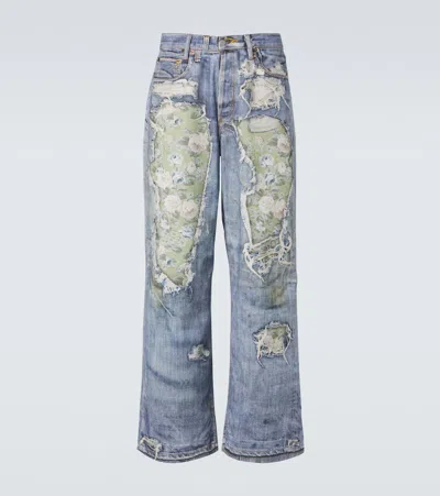 Acne Studios Wide-leg And Rose-printed Cotton Jeans In Blue