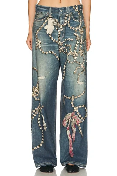 Acne Studios Womens Mid Blue Graphic-print Wide-leg Denim Jeans
