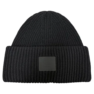 Acne Studios Acne Large Face Logo Patch Wool Knit Beanie In Black