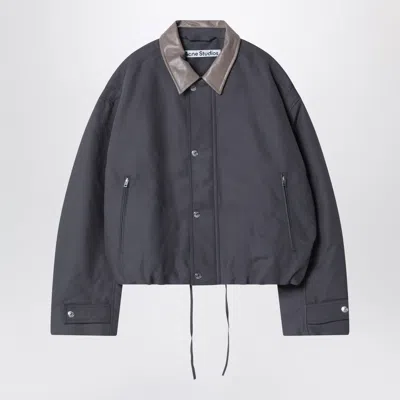 Acne Studios Acne Organic Cotton Satin Bomber Jacket With Leather Collar In Gray
