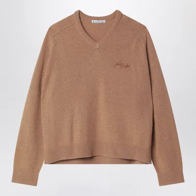 Acne Studios Acne V-neck Camel Hair Jumper With Yarn-embroidered Logo In Brown