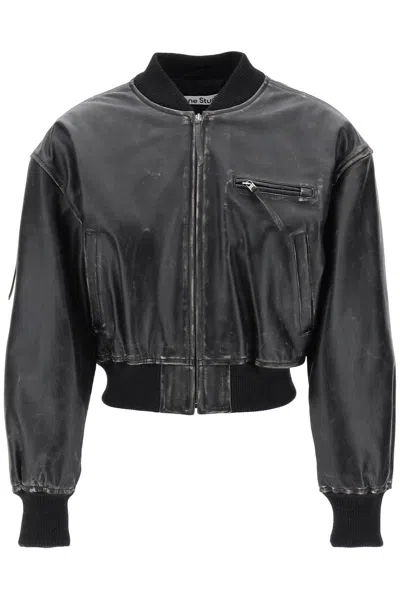 Acne Studios Aged Leather Bomber Jacket With Distressed Treatment In Black