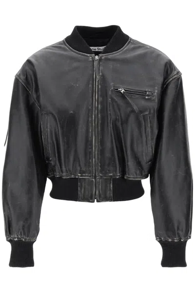 ACNE STUDIOS AGED LEATHER BOMBER JACKET WITH DISTRESSED TREATMENT FOR WOMEN