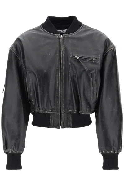 ACNE STUDIOS AGED LEATHER BOMBER JACKET WITH DISTRESSED TREATMENT