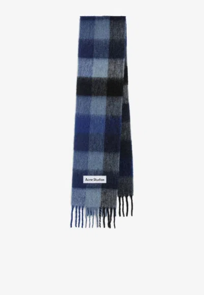 Acne Studios Alpaca Check Fringed Scarf In Blue