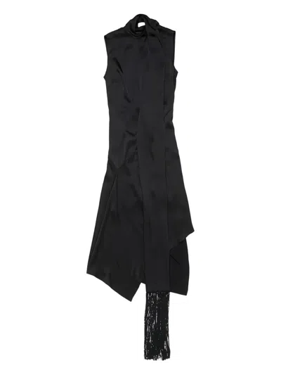 Acne Studios Dale Attached Scarf Asymmetric Satin Dress In Black