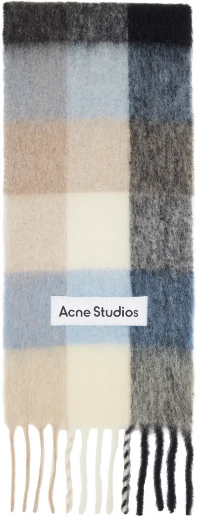 Acne Studios Beige & Blue Mohair Checked Scarf In Gray