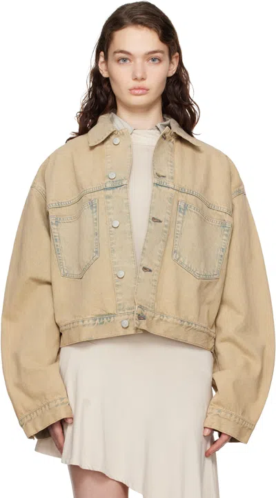 ACNE STUDIOS BEIGE & BLUE OVERSIZED CROPPED FIT DENIM JACKET