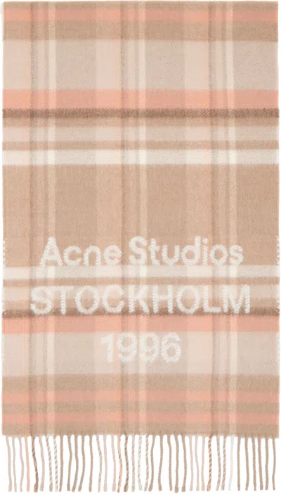 Acne Studios Beige & Pink Wide Check Logo Scarf