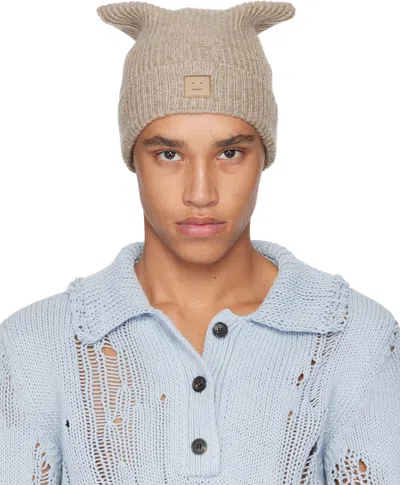 Acne Studios Beige Face Logo Square Beanie In Gray