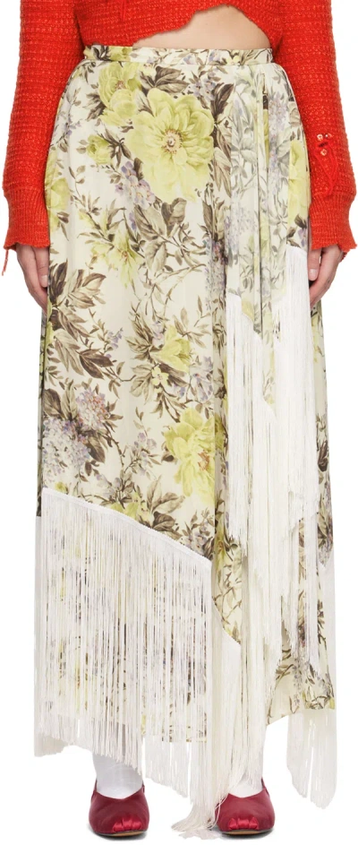 Acne Studios Floral-print Asymmetric Fringed Skirt In Beige