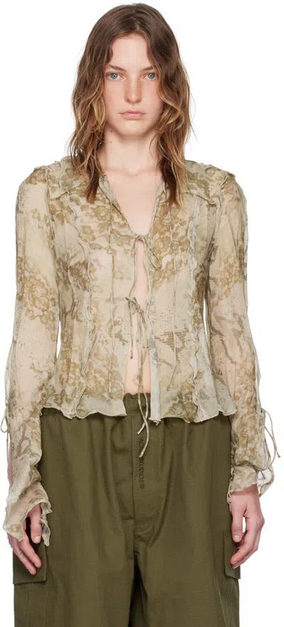 Acne Studios Ruffled Printed Cotton And Silk-blend Chiffon Blouse In Neutrals