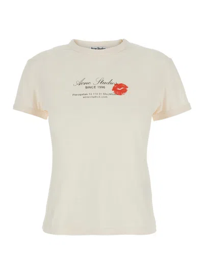 Acne Studios Beige T-shirt With Logo Lettering On The Front In Cotton Woman In Multicolor