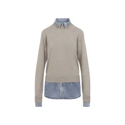 Acne Studios Wool Sweater Layered Shirt Collar Design In Gray