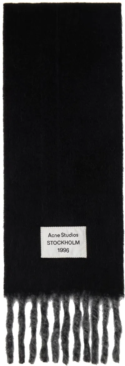 Acne Studios Black & Gray Logo Label Fringed Scarf In Aik Black/grey