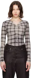 Acne Studios Ebrooke Faded Check Ruched V-neck Mesh Top In Gray