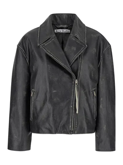 Acne Studios Black Biker Jacket In Vintage Looking Leather Woman