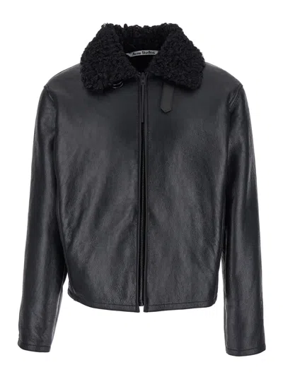 ACNE STUDIOS ACNE STUDIOS BLACK BOMBER JACKET WITH FUR DETAIL ON THE COLLAR IN LEATHER MAN