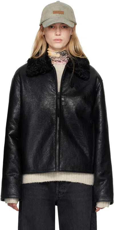 Acne Studios Black Crackled Shearling Leather Jacket In 900 Black
