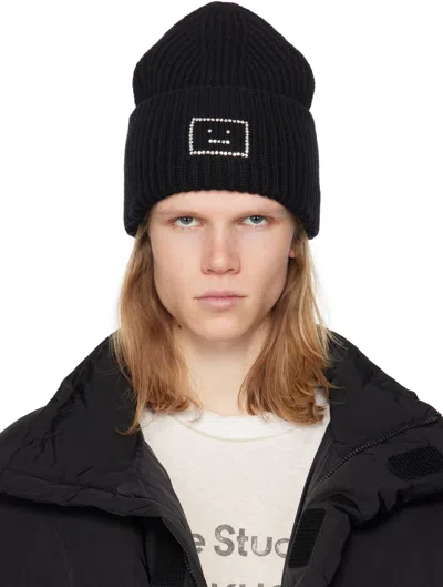 Acne Studios Black Embellished Face Logo Beanie In 900 Black