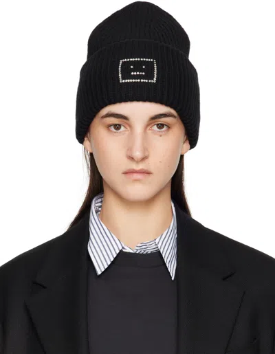 Acne Studios Black Embellished Face Logo Beanie In 900 Black