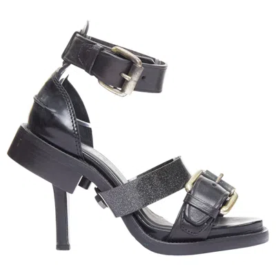 Pre-owned Acne Studios Black Leather Silver Buckle Deconstructed High Heel Sandals Eu37