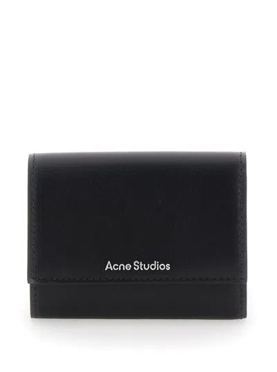Acne Studios Black Trifold Wallet With Logo In Smooth Leather Woman In Multicolor