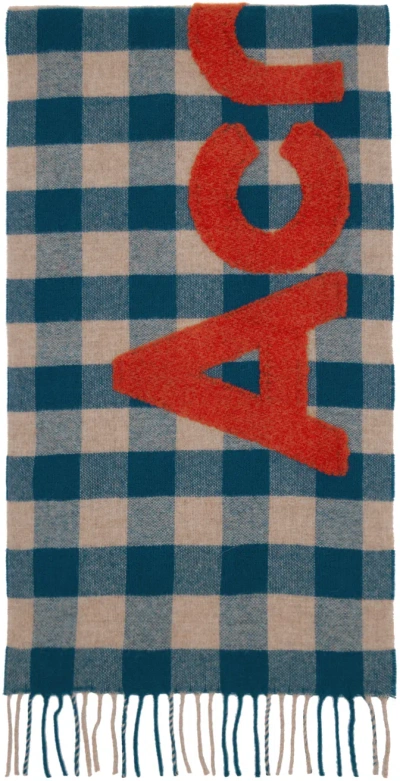 Acne Studios Blue & Beige Check Logo Scarf In Cup Turquoise Blue/o