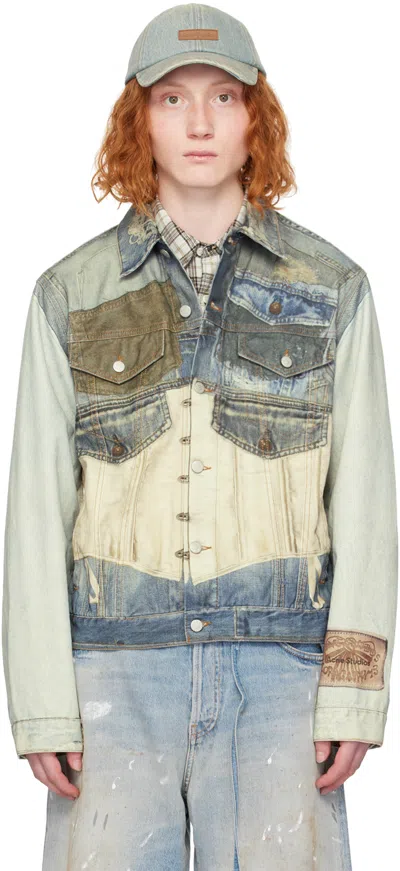 Acne Studios Blue & Beige Printed Jacket In 863 Mid Blue