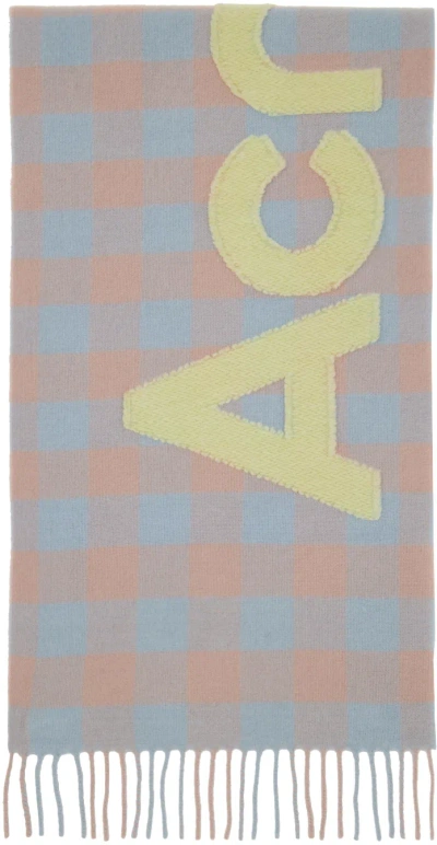 Acne Studios Blue & Pink Check Logo Scarf In Dm5 Camel Beige/acid