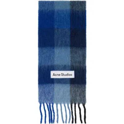 Acne Studios Blue Check Wool Scarf In Dub Dark Navy/black/