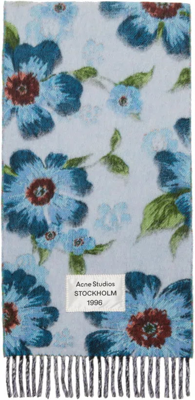 Acne Studios Blue Fringed Wool Scarf In White