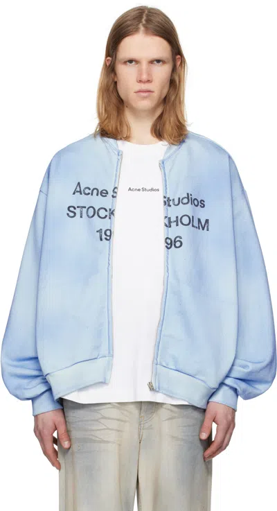 Acne Studios Fiah Garment-dyed Logo-print Cotton-blend Jersey Zip-up Sweatshirt In Blue