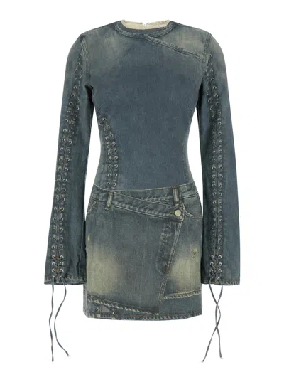 Acne Studios Denim Trompe Loeil-print Cotton Mini Dress In Blue