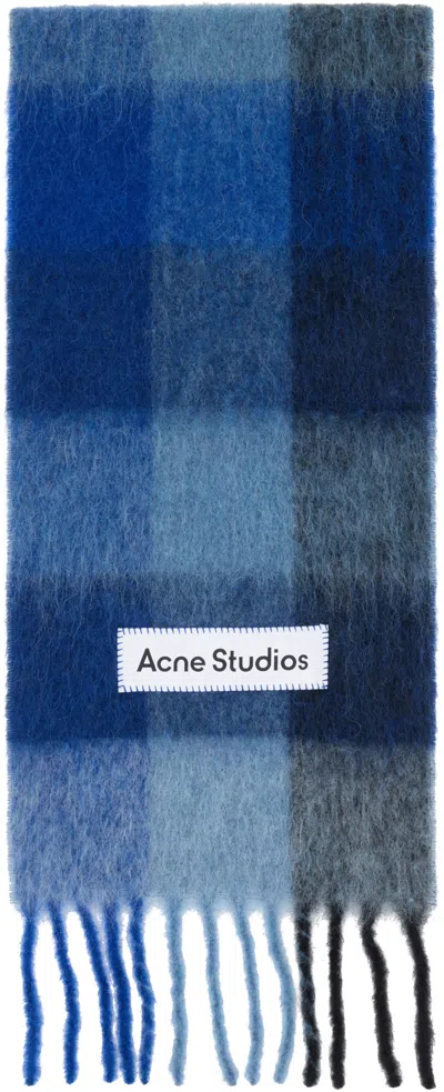 Acne Studios Blue Mohair Checked Scarf In Brown