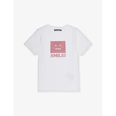 Acne Studios Boys White Kids Glitter Face-logo Cotton-jersey T-shirt 3-10 Years