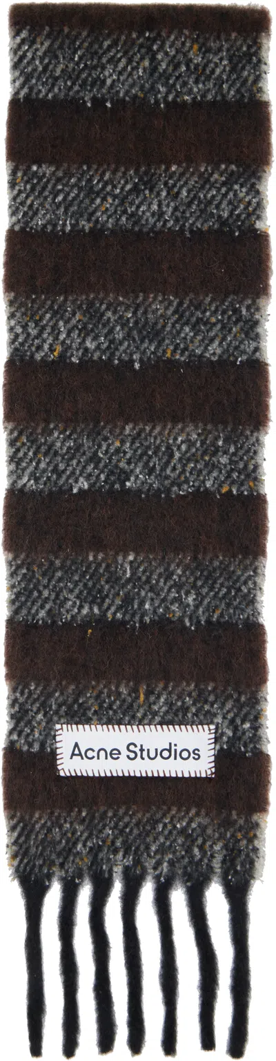 Acne Studios Brown & Gray Fringed Wool Skinny Scarf In Multi